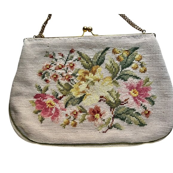Vintage Needlepoint Floral Handbag Chain Handle Satin Lining - Picture 10 of 16